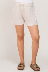 Beige Soft Linen Frayed Drawstring Maternity Shorts