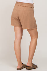 Taupe Soft Linen Frayed Drawstring Maternity Shorts