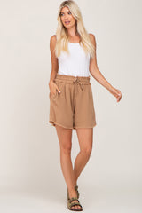 Taupe Soft Linen Frayed Drawstring Shorts