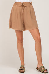 Taupe Soft Linen Frayed Drawstring Shorts