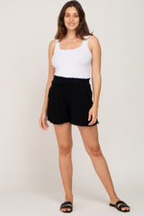 Black Soft Linen Frayed Drawstring Maternity Shorts