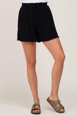 Black Soft Linen Frayed Drawstring Shorts