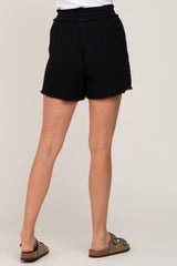 Black Soft Linen Frayed Drawstring Shorts