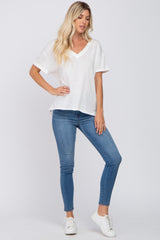 White Basic Rolled Short Sleeve Top