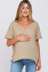 Taupe Basic Rolled Short Sleeve Maternity Top