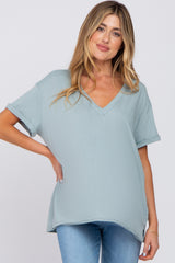 Light Blue Basic Rolled Short Sleeve Maternity Top