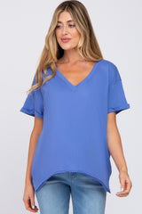 Blue Basic Rolled Short Sleeve Maternity Top