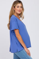 Blue Basic Rolled Short Sleeve Maternity Top