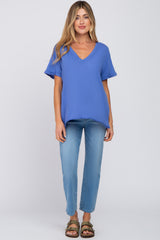 Blue Basic Rolled Short Sleeve Maternity Top