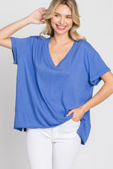 Blue Basic Rolled Short Sleeve Maternity Top