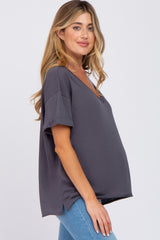 Charcoal Basic Rolled Short Sleeve Maternity Top