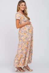 Peach Floral Tiered Maternity Maxi Dress