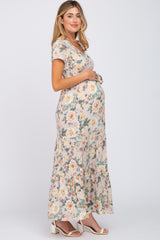 Beige Floral Tiered Maternity Maxi Dress