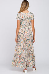 Beige Floral Tiered Maternity Maxi Dress