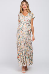 Beige Floral Tiered Maternity Maxi Dress