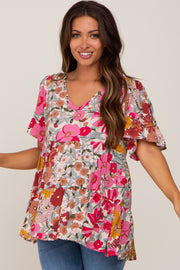 Fuchsia Floral V-Neck Ruffle Hem Short Sleeve Maternity Top