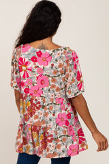 Fuchsia Floral V-Neck Ruffle Hem Short Sleeve Top