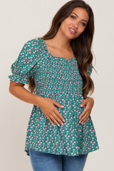 Green Floral Smocked Square Neck Short Sleeve Maternity Top