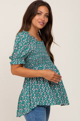 Green Floral Smocked Square Neck Short Sleeve Maternity Top