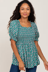 Green Floral Smocked Square Neck Short Sleeve Top