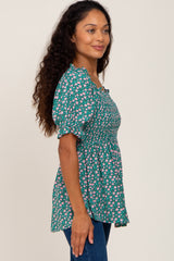 Green Floral Smocked Square Neck Short Sleeve Top