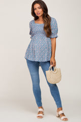 Blue Floral Smocked Square Neck Short Sleeve Maternity Top