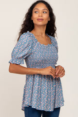 Blue Floral Smocked Square Neck Short Sleeve Maternity Top