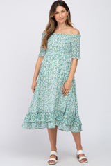 Blue Green Floral Smocked Maternity Midi Dress