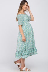 Blue Green Floral Smocked Maternity Midi Dress