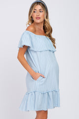 Light Blue Striped Off Shoulder Frayed Maternity Dress