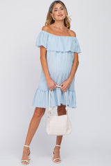 Light Blue Striped Off Shoulder Frayed Maternity Dress