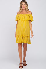 Mustard Striped Off Shoulder Frayed Maternity Dress