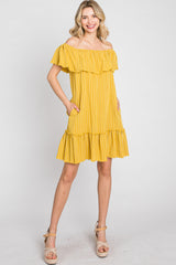 Mustard Striped Off Shoulder Frayed Maternity Dress