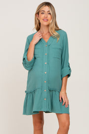 Sage Button Down Long Sleeve Ruffle Hem Maternity Dress