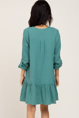 Sage Button Down Long Sleeve Ruffle Hem Dress