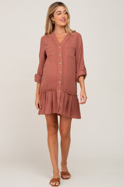 Rust Button Down Long Sleeve Ruffle Hem Maternity Dress