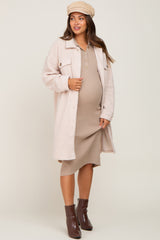 Beige Fleece Maternity Long Shirt Jacket