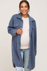 Blue Fleece Maternity Long Shirt Jacket