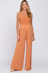 Orange Sleeveless Smocked Wide Leg Maternity Jumpsuit