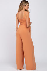 Orange Sleeveless Smocked Wide Leg Maternity Jumpsuit