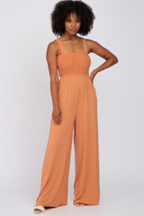 Orange Sleeveless Smocked Wide Leg Maternity Jumpsuit