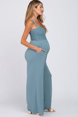 Blue Sleeveless Smocked Wide Leg Maternity Jumpsuit