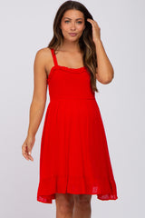 Red Sleeveless Smocked Ruffle Hem Maternity Dress