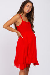 Red Sleeveless Smocked Ruffle Hem Maternity Dress