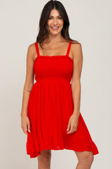 Red Sleeveless Smocked Ruffle Hem Dress