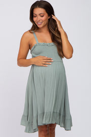 Sage Sleeveless Smocked Ruffle Hem Maternity Dress