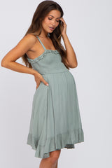 Sage Sleeveless Smocked Ruffle Hem Maternity Dress