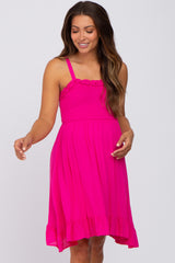 Fuchsia Sleeveless Smocked Ruffle Hem Maternity Dress