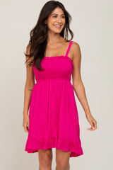 Fuchsia Sleeveless Smocked Ruffle Hem Dress