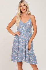 Blue Floral V-Neck Ruffle Hem Maternity Dress